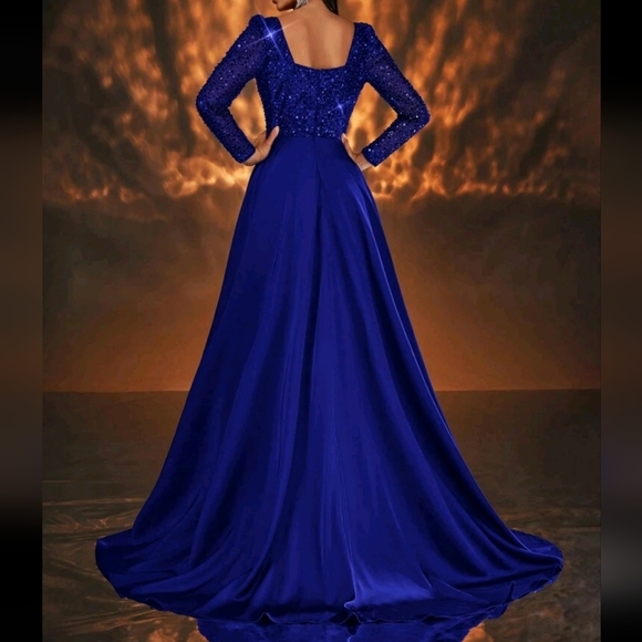 Elegant Navy Blue Luxurious Pearl Sequins Patchwork Satin Sheer Long Sleeve Fron - Picture 4 of 4